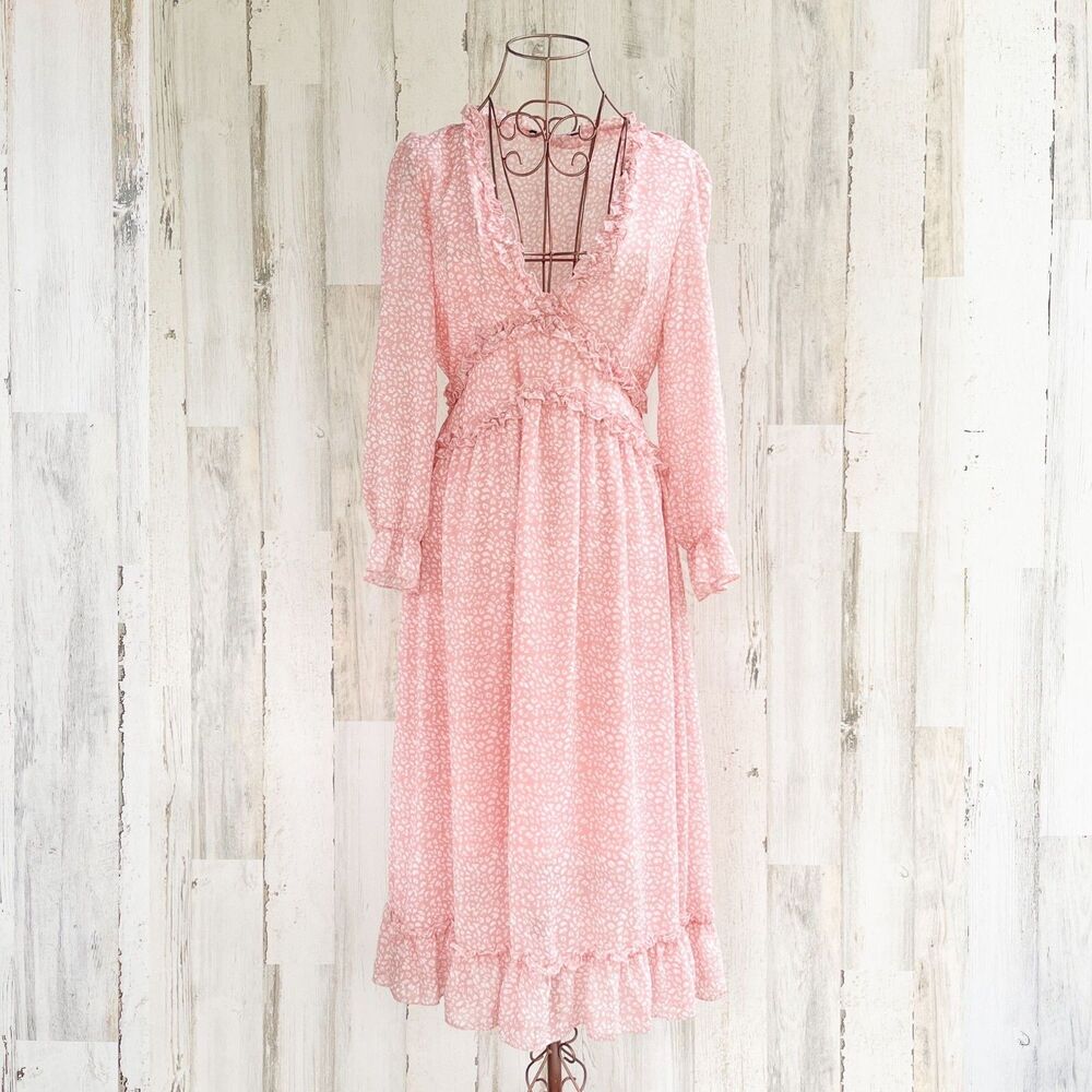 Blush Pink Ruffled Puff Sleeve Dress M V Neck Boho Cottagecore Coquette Peasant